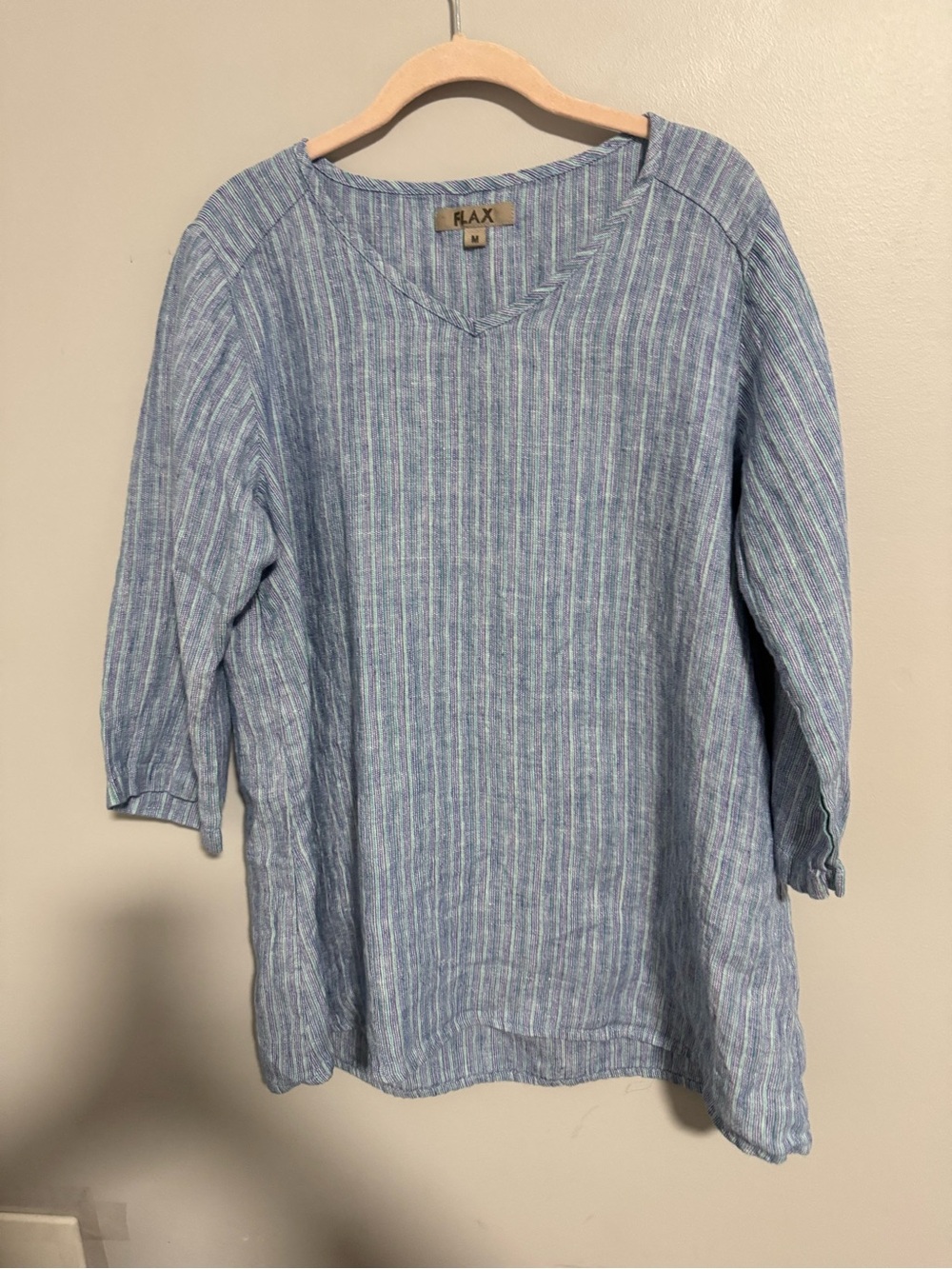 FLAX Blouse Size M Women's 100% Linen Striped Tunic Blue Green White V-Neck
